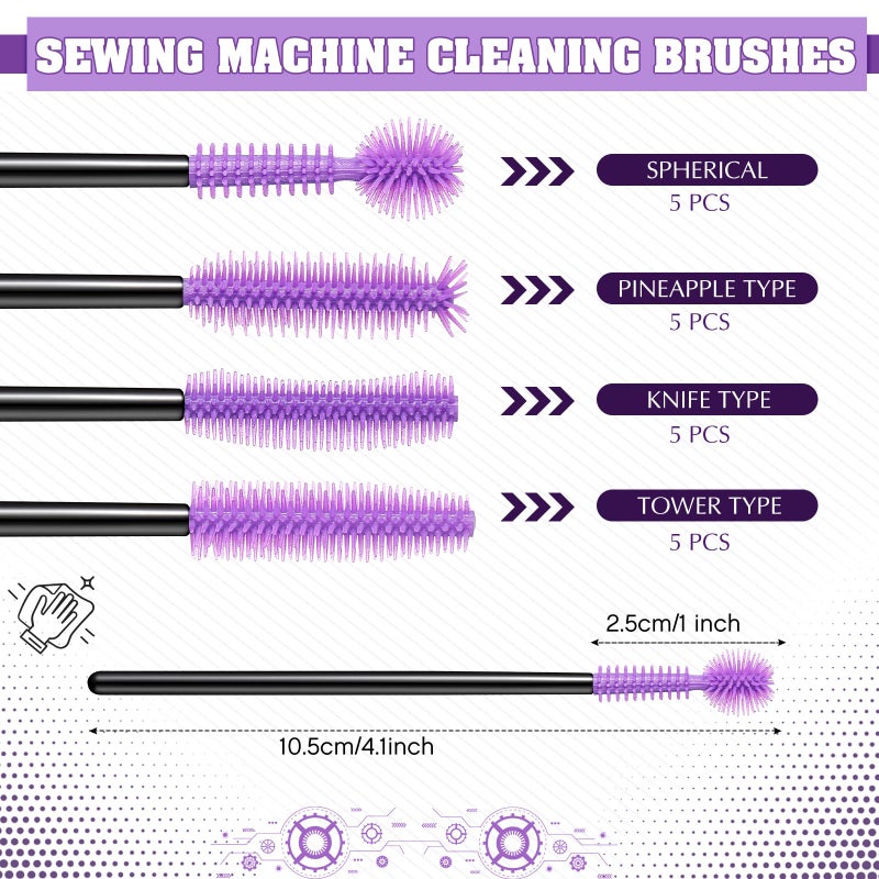 Rimcereal 20 Pcs Nook And Cranny Sewing Machine Cleaning Brushes For Quilting Supplies Reusable Silicone Dense Bristles Cleaning Brushes For Sewing Machine Internal And Spool Area(Black, Purple) - Image 2